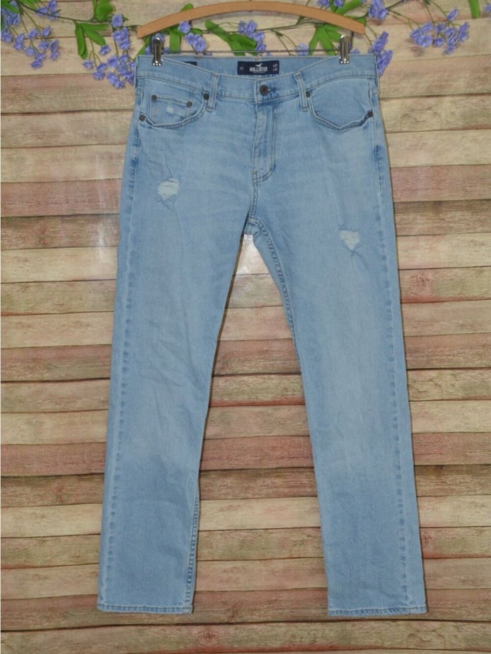 Hollister Mens Slim Straight Jean 31x32 Blue Denim Stretch Epic Flex Distressed